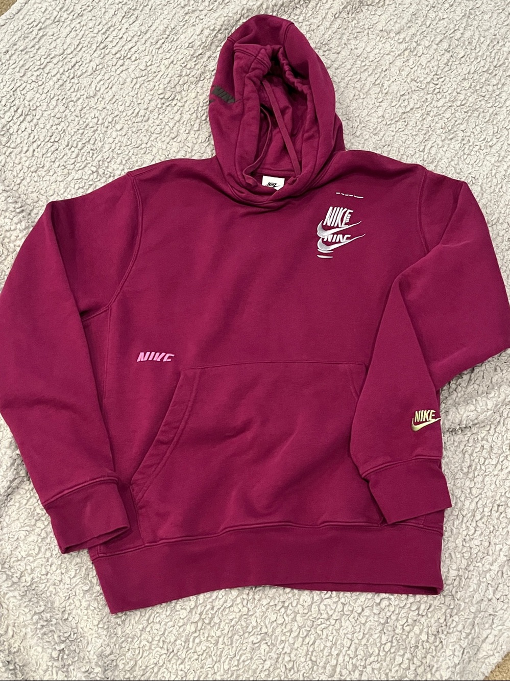 Nike Maroon Hoodie Sweatshirt - Double & multiple Swoosh - Sz L - Like New